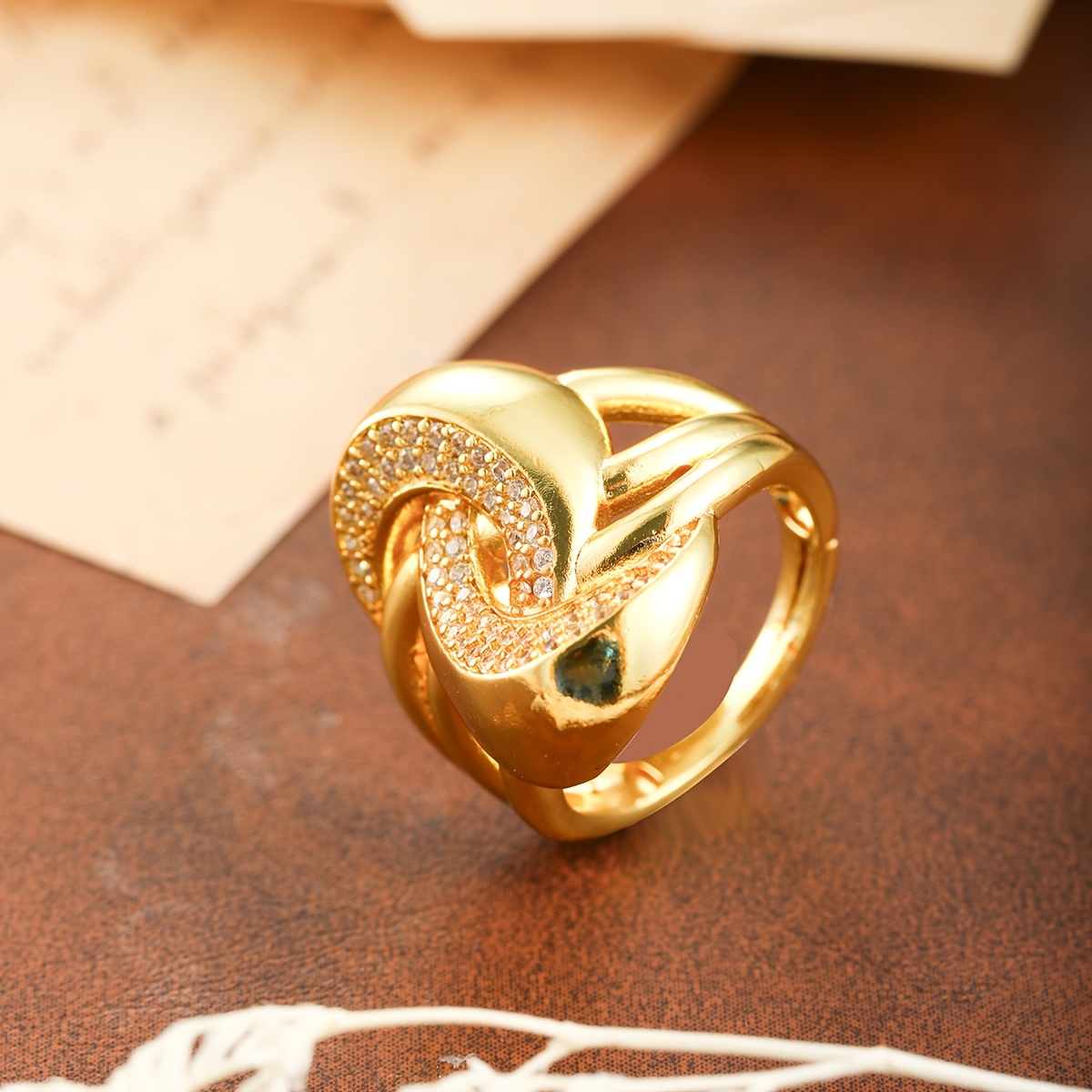 Gold Plated Zirconium Wide Ring, Adjustable Opening